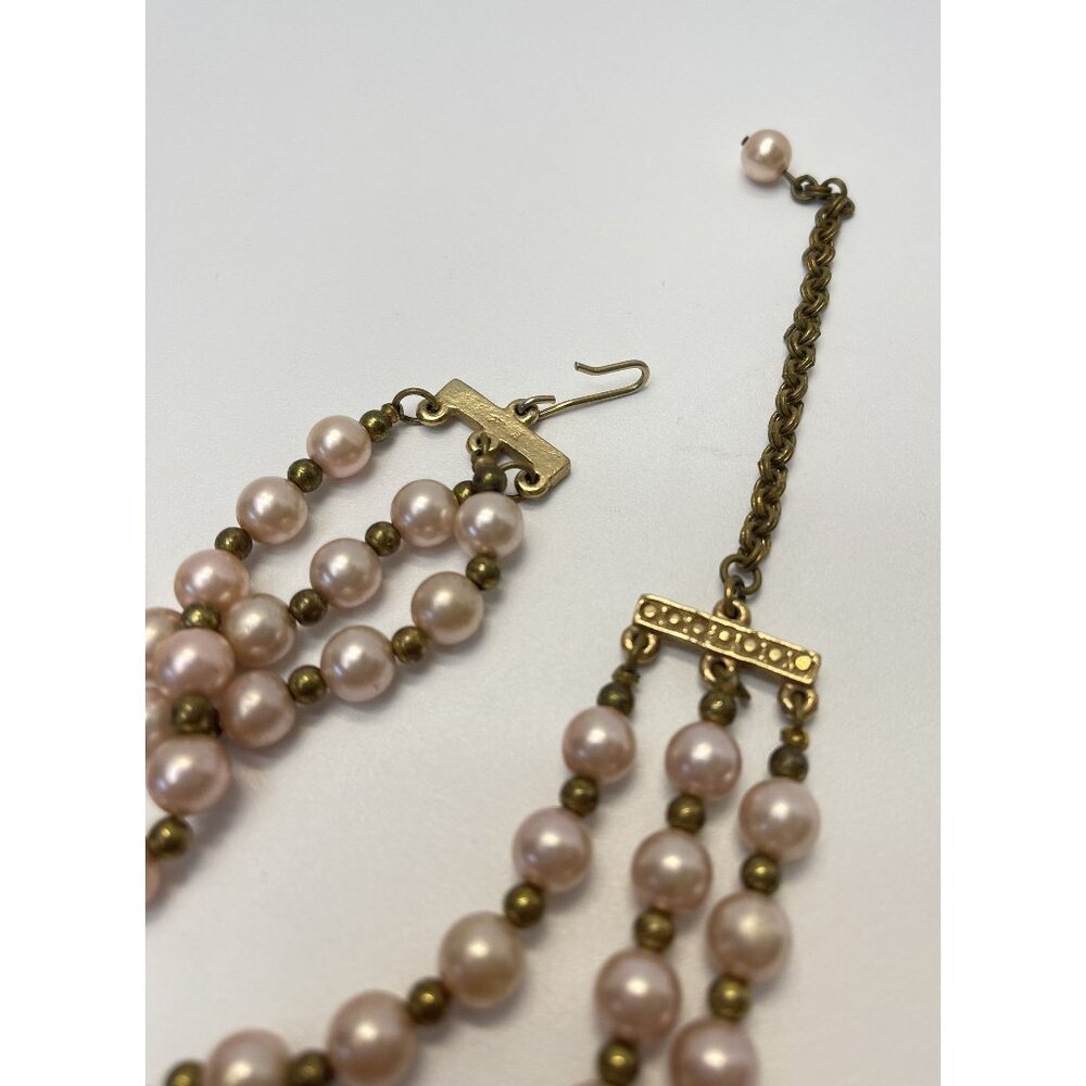 Vintage Signed REINAD Multi Strand Faux Pearl Necklace Champagne Beige Purple - Picture 3 of 4